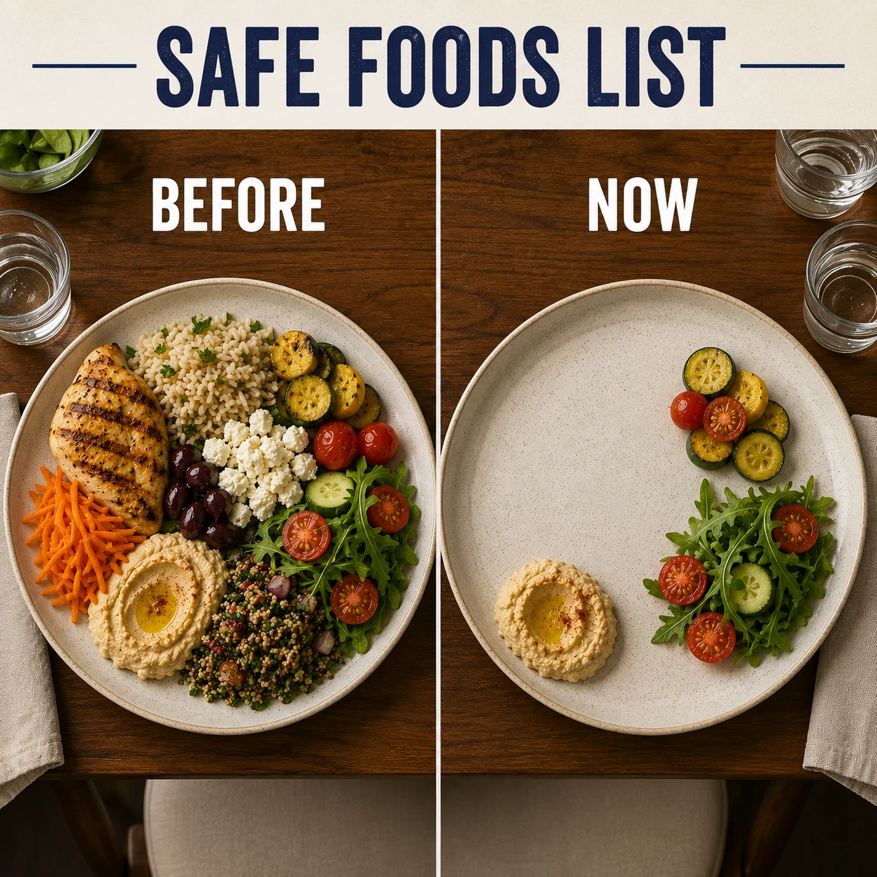 Safe foods list before and now comparison showing a full meal becoming a much smaller plate