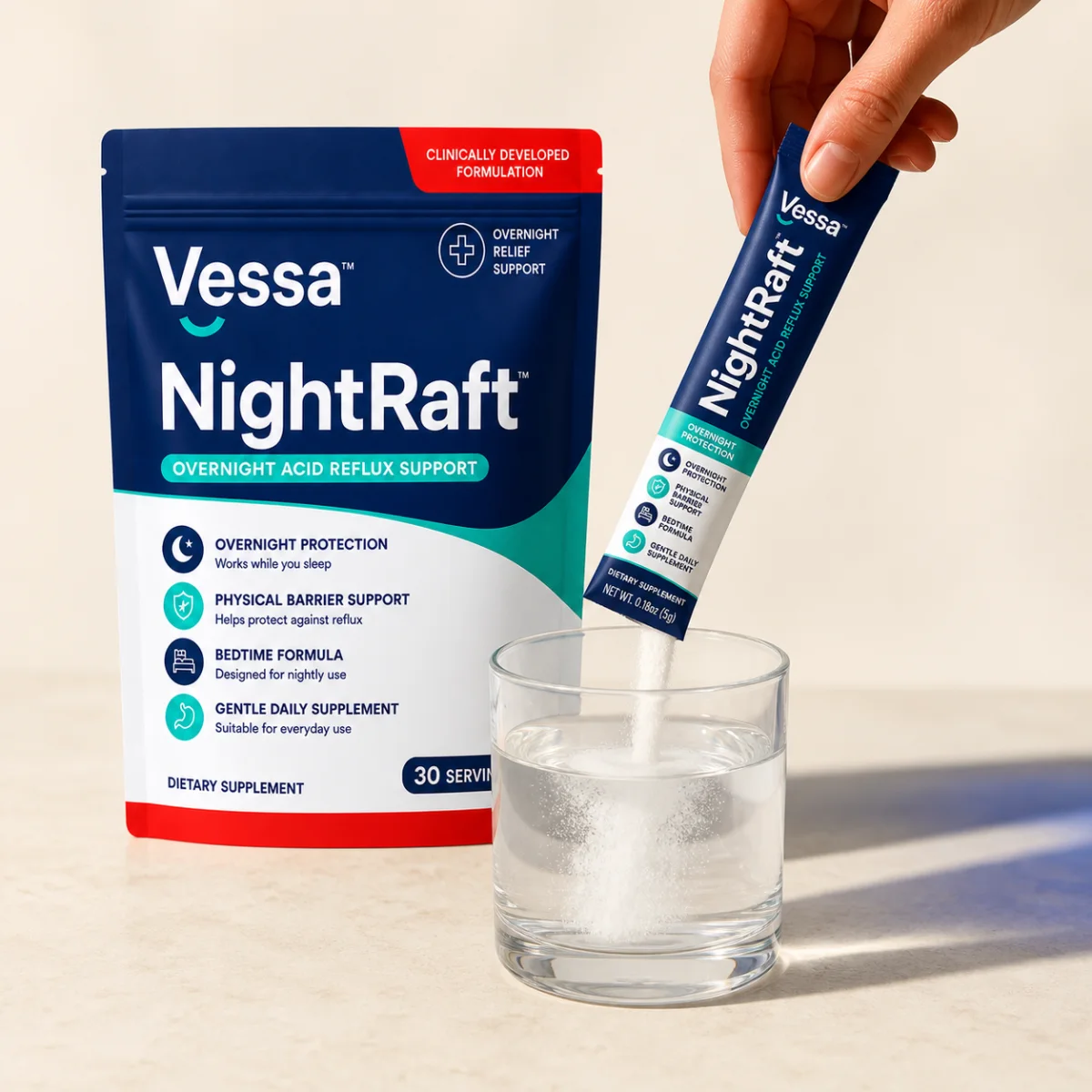 NightRaft powder stick being emptied into water