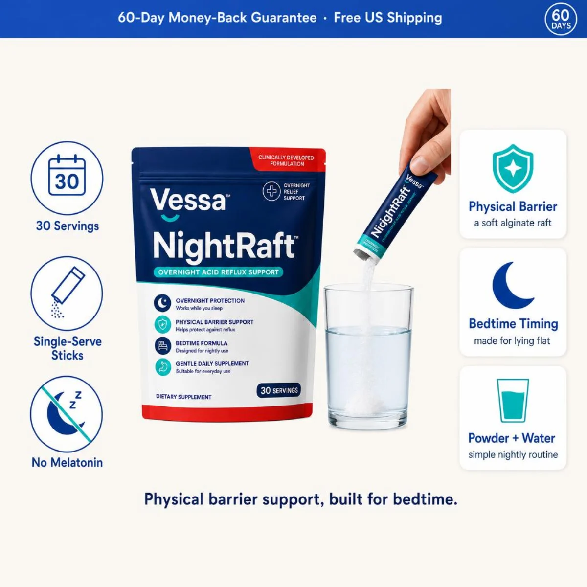 Vessa NightRaft pouch, single-serve stick, water and key product features