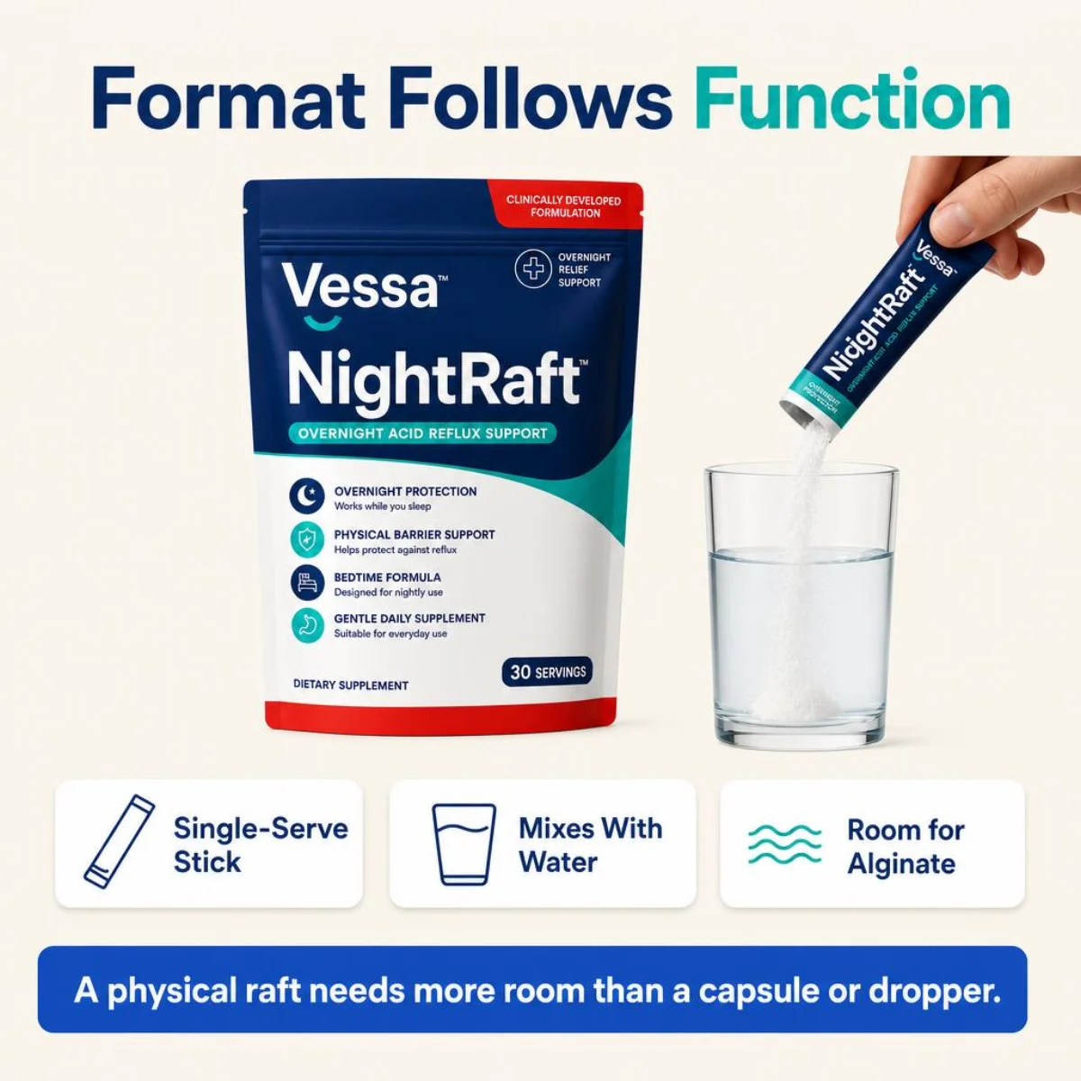NightRaft single-serve powder stick mixed with water