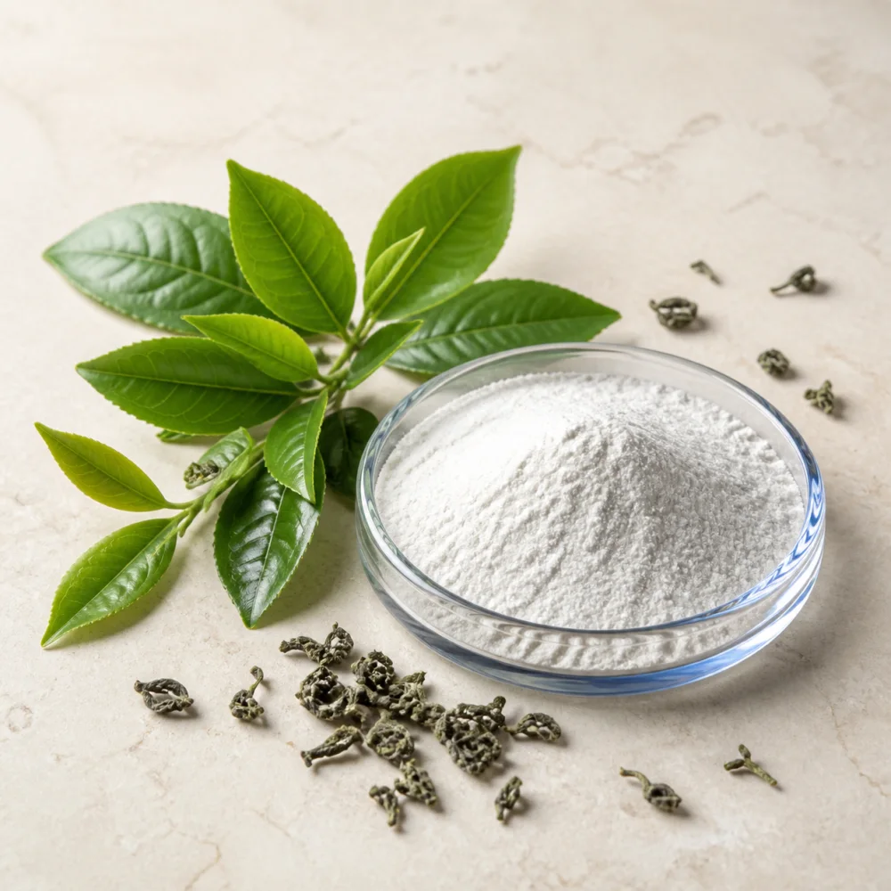 Green tea leaves and L-theanine powder