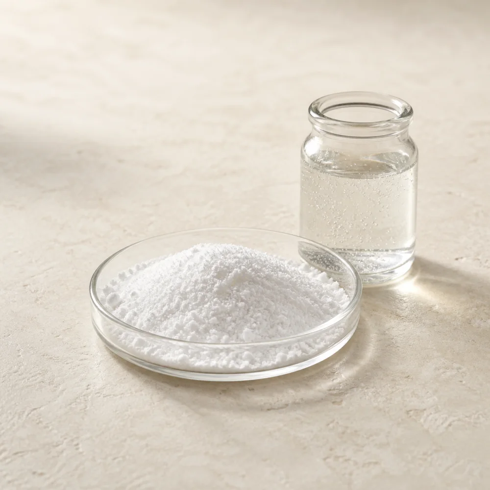 Potassium bicarbonate powder beside lightly effervescent water
