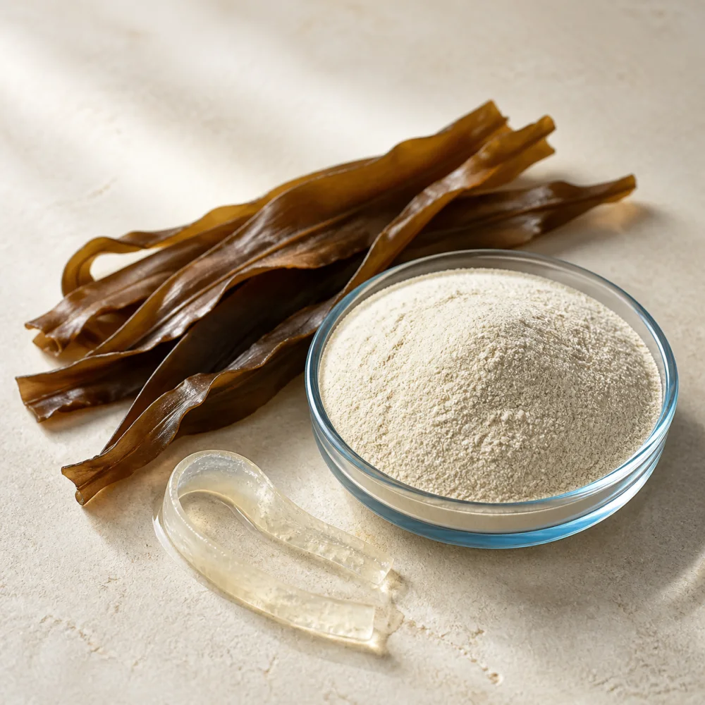 Brown seaweed, sodium alginate powder and hydrated alginate gel