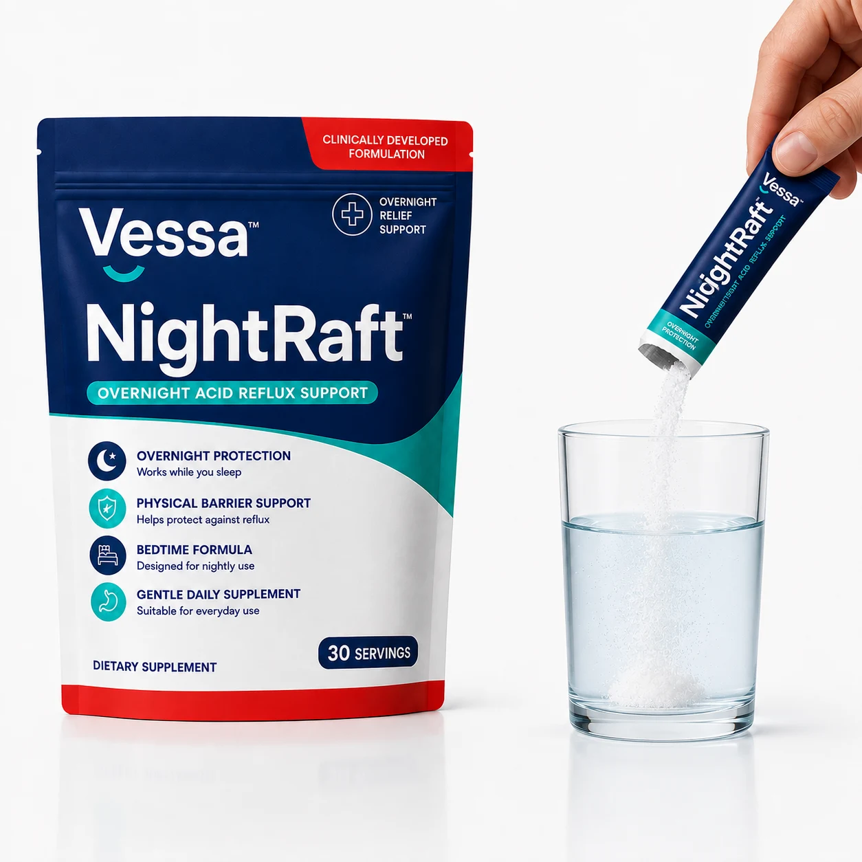 Vessa NightRaft pouch with single-serve powder stick